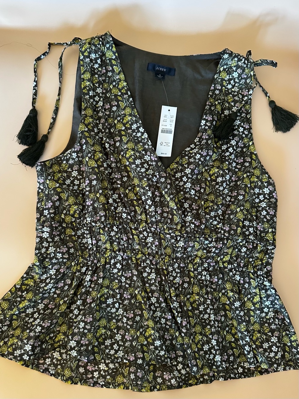 J. Crew Black Floral Tie-Shoulder Sleeveless Top
